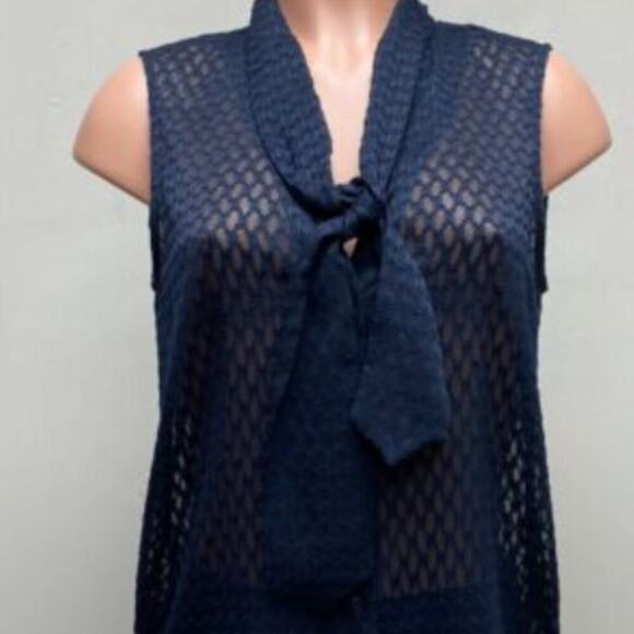 L'Agence Womens Navy Blue Tie Neck Lace V Neck Sleeveless Sheer Blouse L - Picture 8 of 8